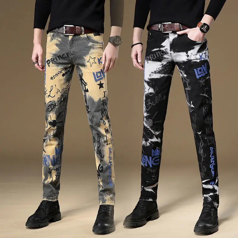 

Light Luxury Men’s Slim-fit Stretch Denim Pants,Fashion Letters Embroidery Decors Trendy Jeans, Street Fashion Sexy Jeans Pants;