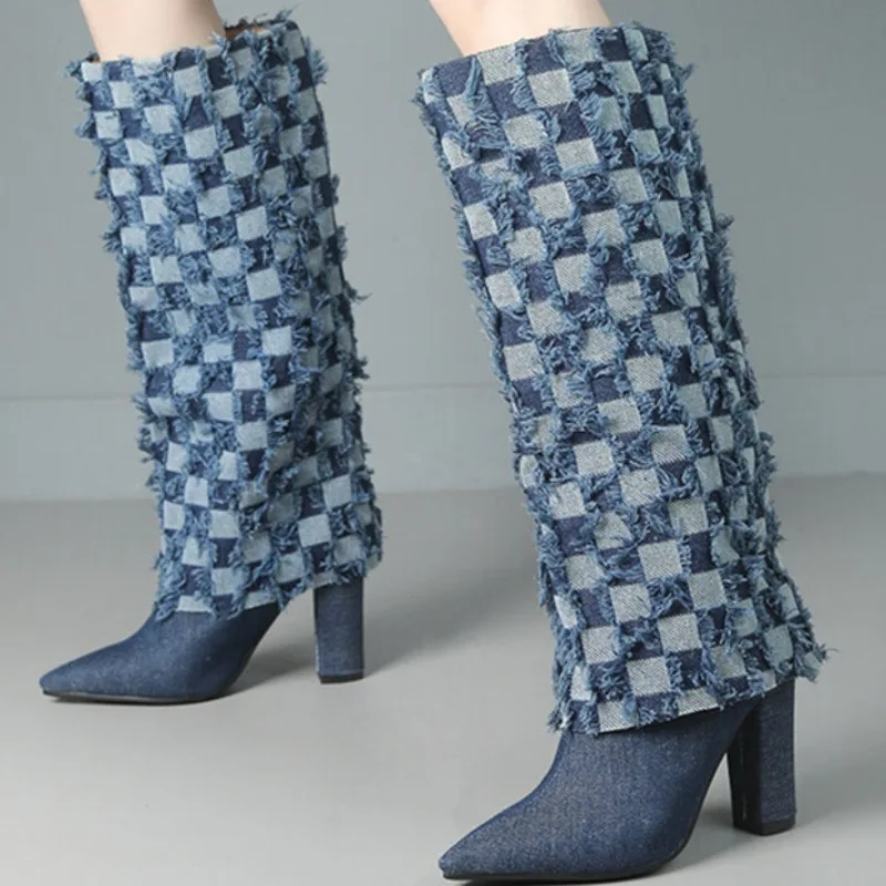 

2023 Women Knee High Boots Black Blue Denim Square Heel Trouser Leg Cover Boots Pointed Toe Winter Fashion Shoes Modern Boots
