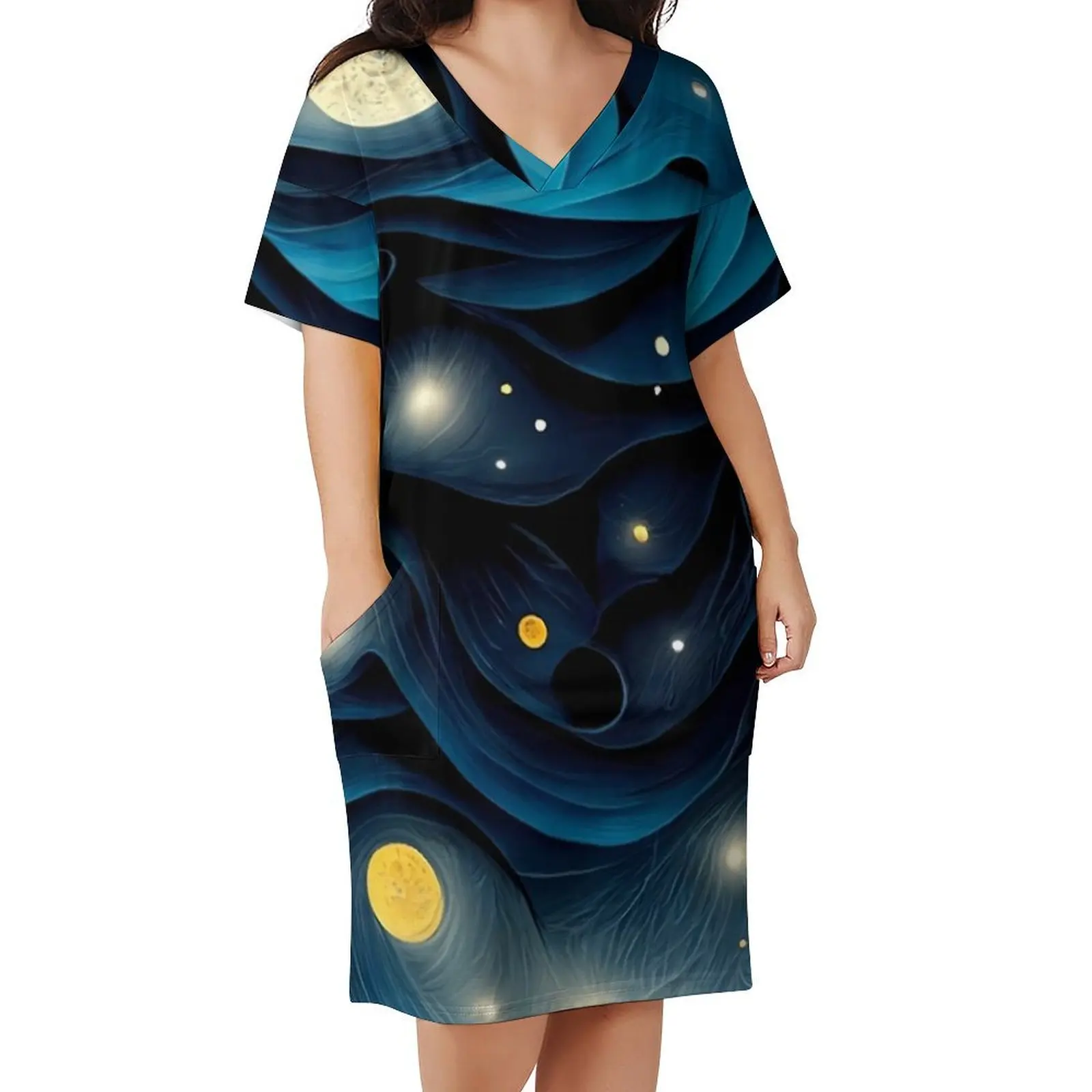 

The Starry Night Dress V Neck Modern Art Print Pretty Dresses Female Aesthetic Design Casual Dress With Pockets Big Size 3XL 4XL