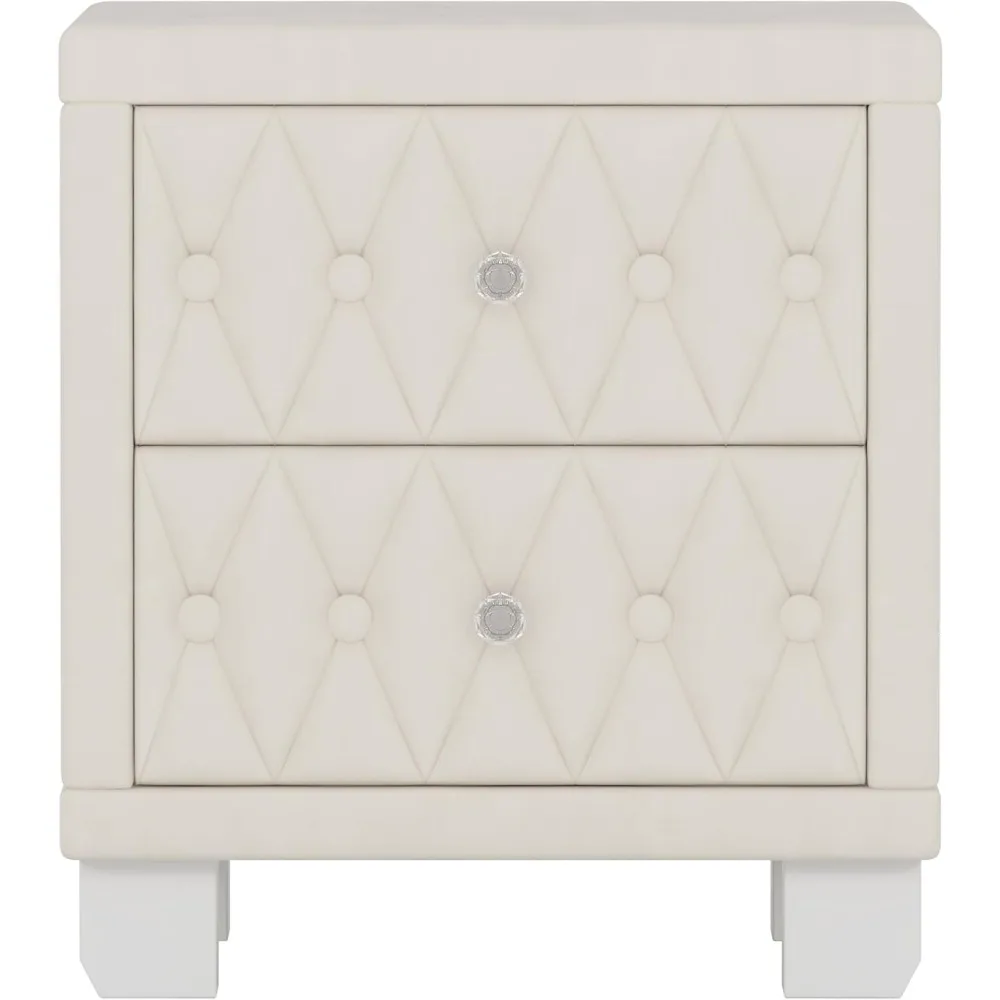 Nightstand with Storage Drawers, Upholstered Velvet Bedside End Table for Small Bedroom, Beige 4