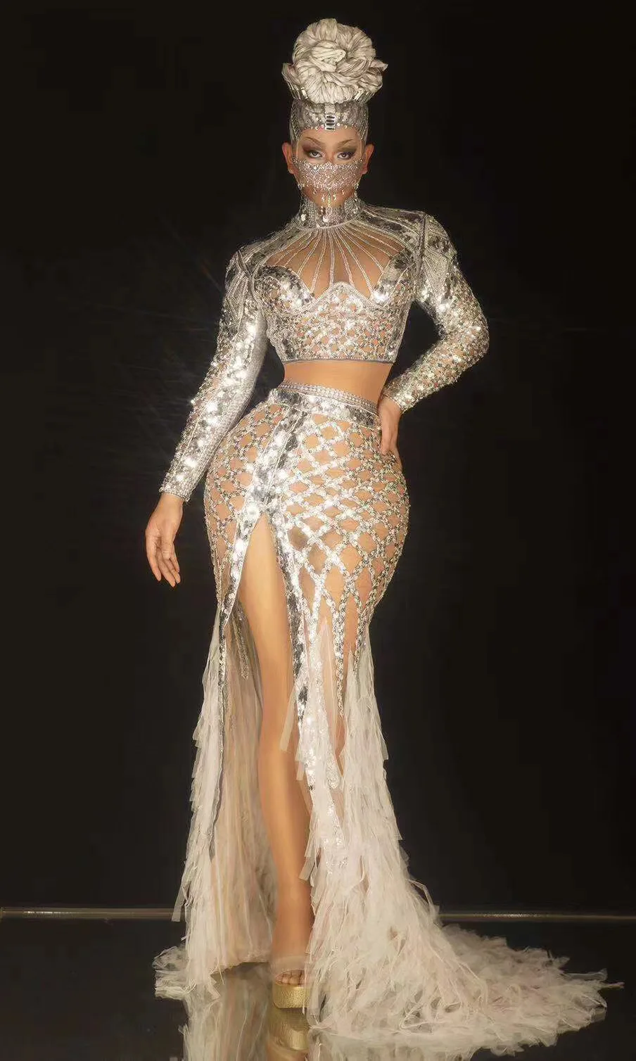 

2 Pcs Set Mermaid Dress Women Birthday 2022 Sparkly Sequin Evening Party Stretch Mesh Perspective Prom Singer Stage Queen Outfit