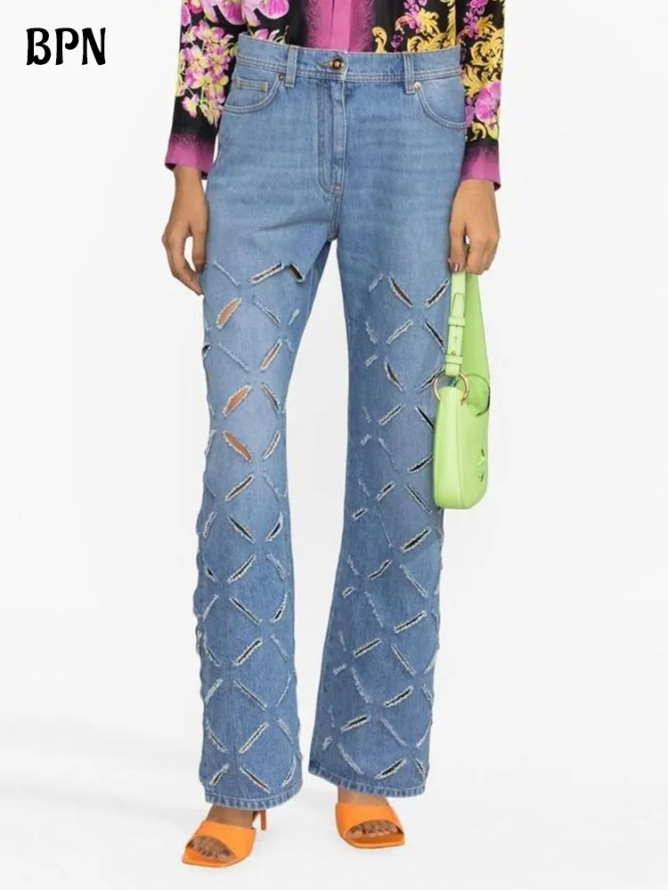 

BPN Casual Hollow Out Denim Trousers For Women High Waist Solid Spliced Raw Hem Loose Straight Pants Female Fashion Clothing New