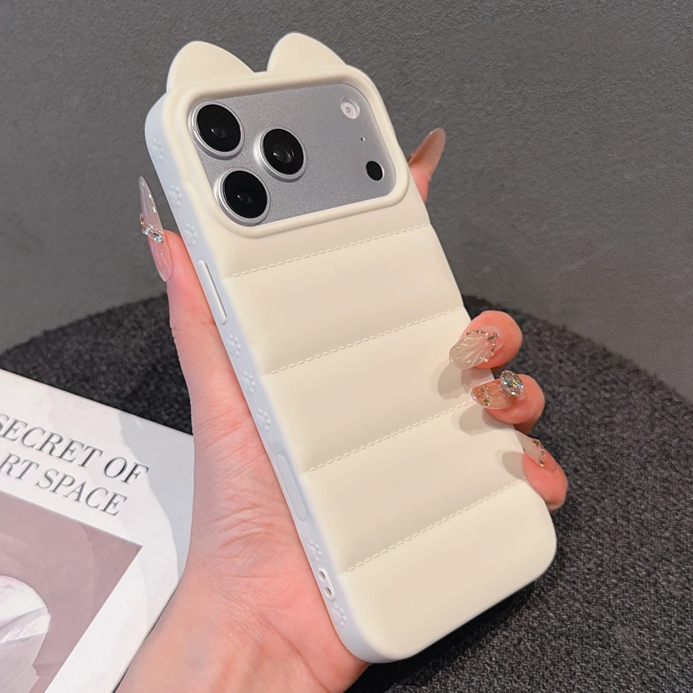 Adorable 3D Cat Ears Soft Phone Case with Down Jacket Shockproof Back Cover