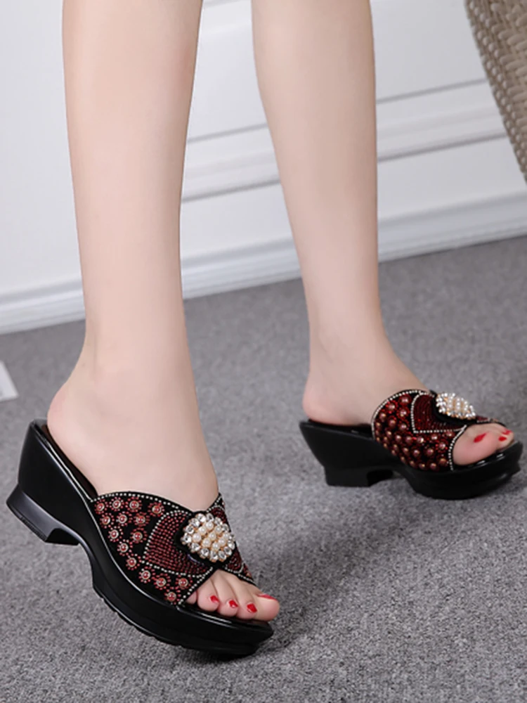 Slippers Women's Summer 2024  Sandal Heels Platform  Wedges  For Women  Slope Heel DrillWomen's mother's Rhinestone Slippers