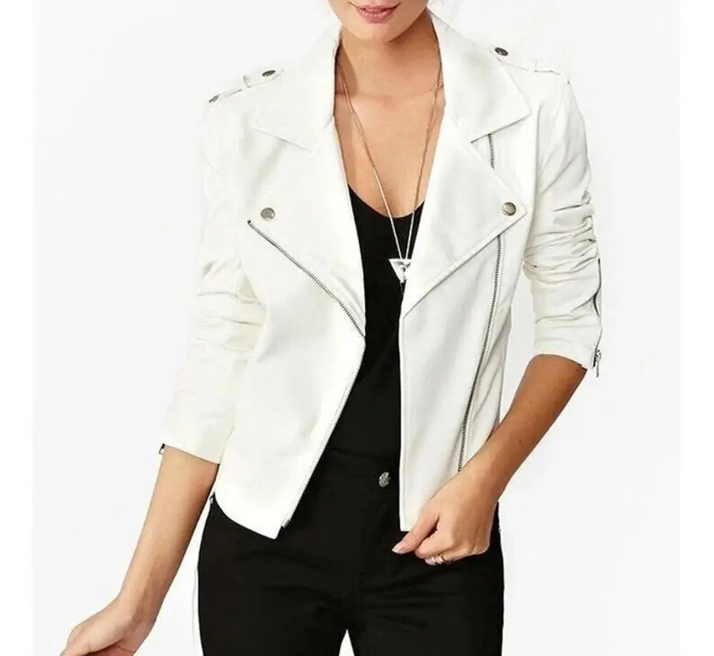 Real Leather Jacket Women Pure White 100% Genuine Lambskin Real Leather Biker Jacket
