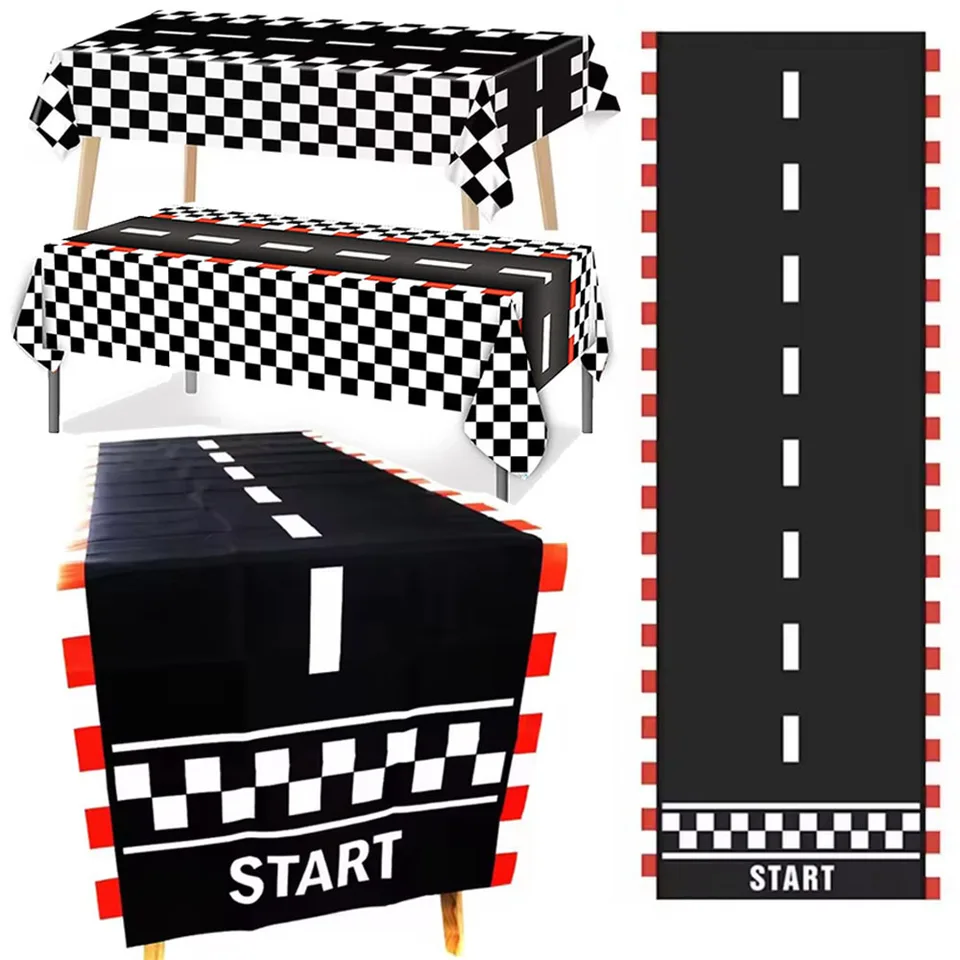 Thème Anniversaire Enfant Déco Fête Voiture De Course - 3 Nappes Drapeau à Damier + 8 Ballons Aluminium - Anniversaire Enfant Theme Course Décoration Table Course