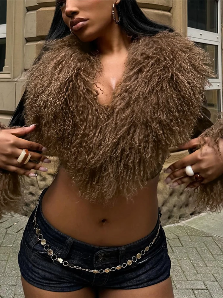 Nibber Wild Coats Woman Furry Tassel Decoration Autumn Trend Low-Neck Full Sleeve Navel Exposed High Street Style Classic Tops