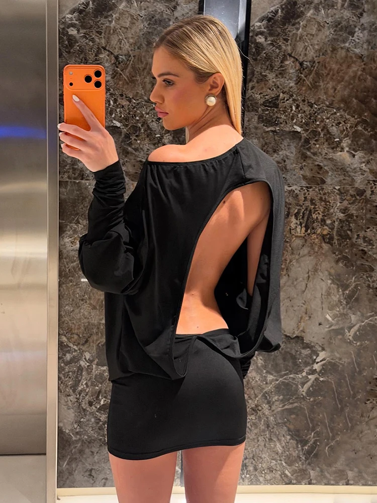Nibber Backless Dress Women Slash Neck Full Sleeve Skinny Solid Simple Classic High Elasticity Fashion Party Street Mini Bodycon