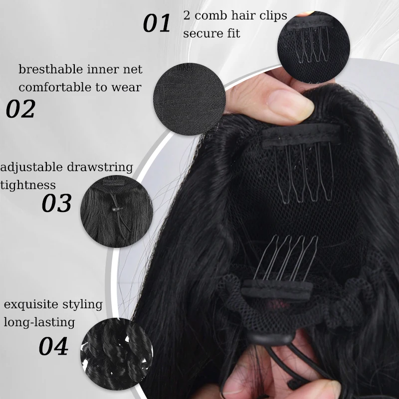 16inch Roman Curl Hair Ponytail Wig Synthetic Wavy Ponytail Extensions with Drawstring&2 Comb Clips Ringlets Hairpiece for Women
