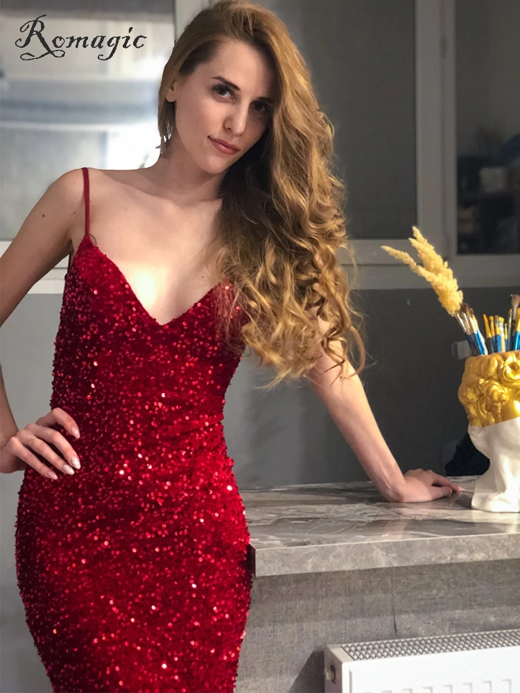 Romagic Royal Blue Sequin Backless Slip Mermaid Party Dresses Long V Neck Velvet Stretch Sleeveless Luxury Cocktail Prom Dress
