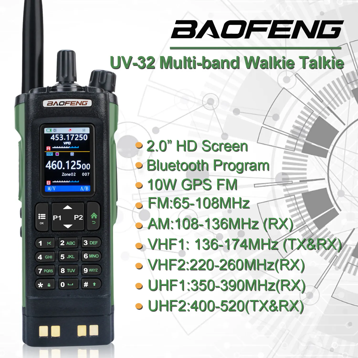 Talkie-Walkie Baofeng UV-32 – 10W, GPS, FM, Bande Air, VHF/UHF, Noir Et Vert