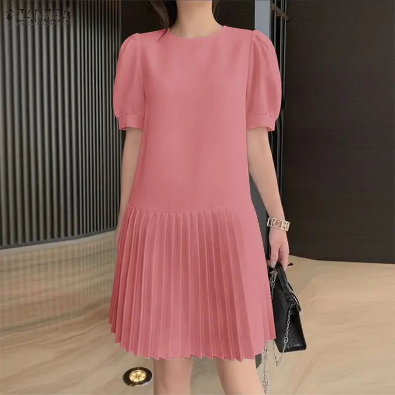 Fashion ZANZEA Summer Short Sleeve Women Dress Puff Sleeve Solid Color Pleated Dresses O Neck OL Work Party Vestidos Streetwear 2