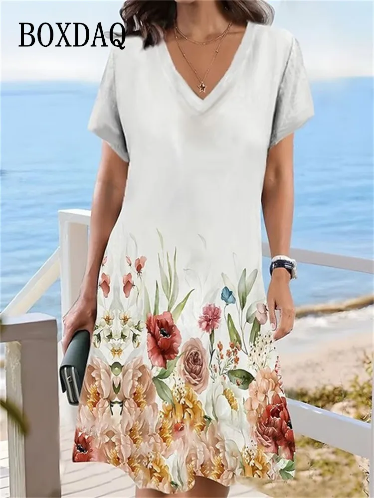 

Женское винтажное платье с коротким рукавом, свободное Повседневное платье большого размера с V-образным вырезом и цветочным принтом, Новинка лета 2023