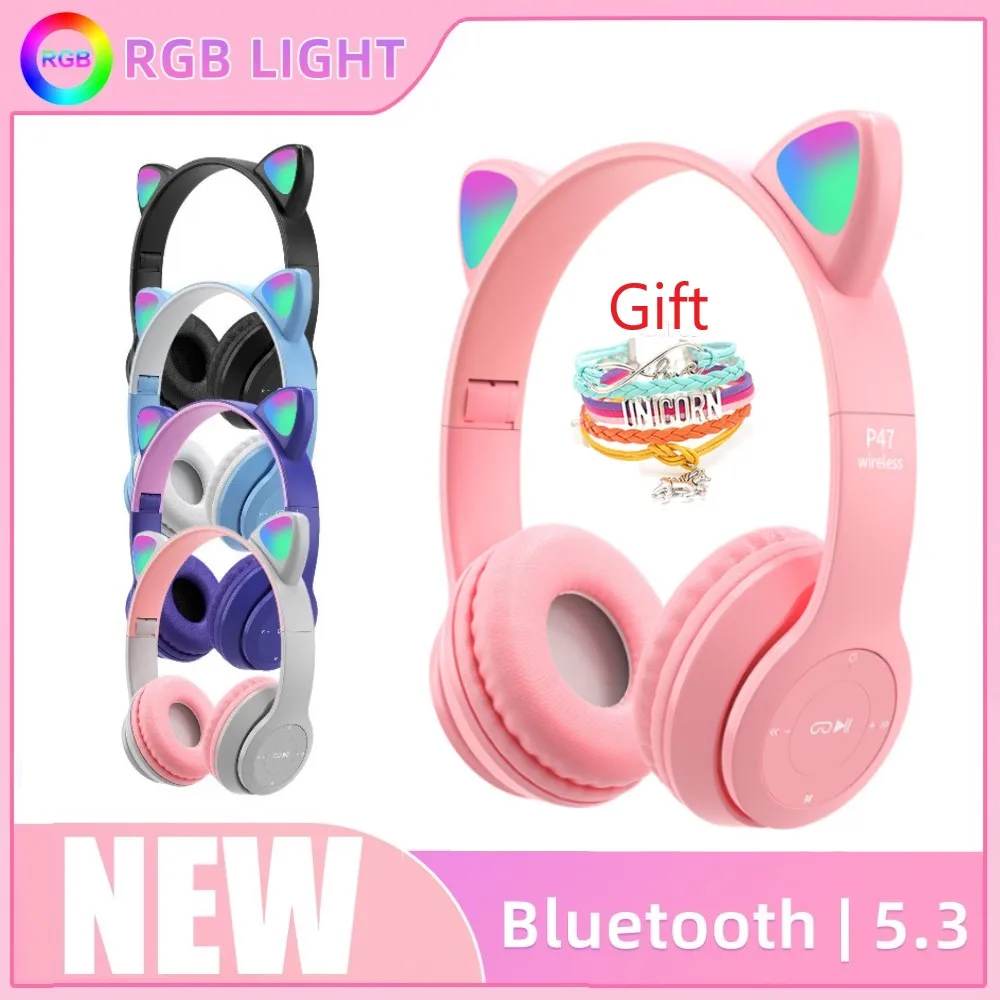 Wireless Bluetooth Headset Wireless Headphones Cat Ear with Mic Blue-tooth Glow Light Stereo Bass Helmets Children Gamer Girl Gifts PC Phone Gaming Headset