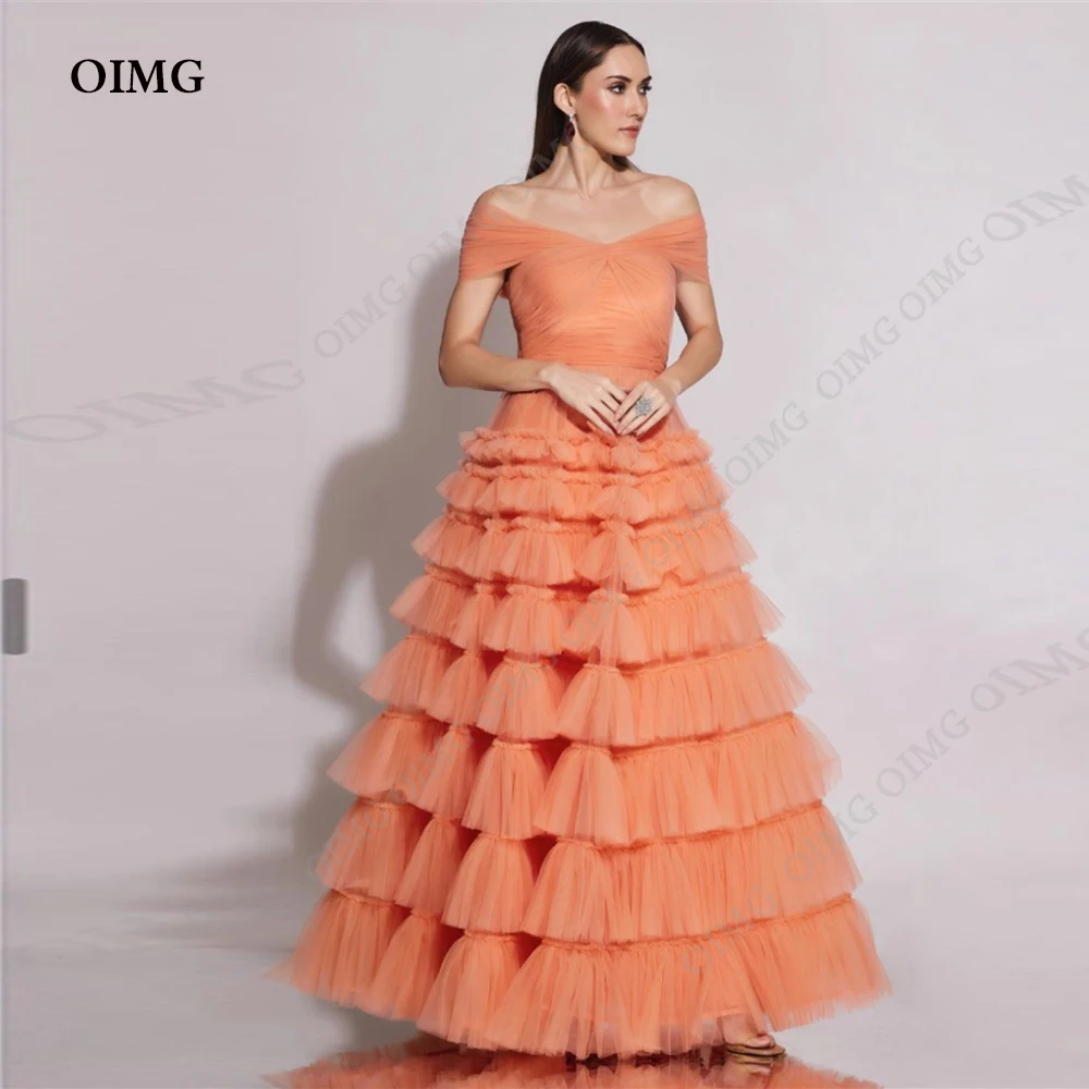 

OIMG Orange Tulle Off Shoulder Long Prom Dresses Pleated Floor Length Custom Saudi Arabia Evening Gowns Formal Party Dress