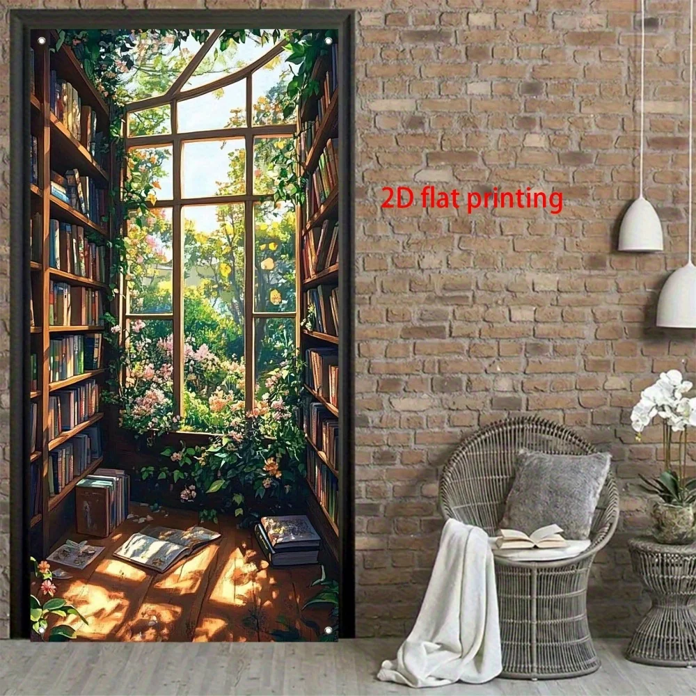 Ein flaches 2D-Polyester-Banner für eine ruhige Gartenbibliothek mit Büchern und grünem Design, geeignet für die Bibliothekstürdekoration – Detail 2