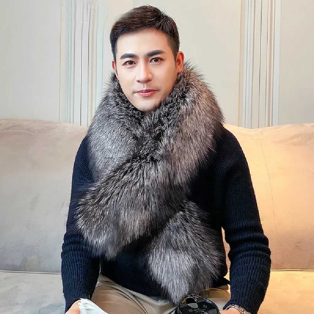 

Men's Real Whole Fox Fur Scarf Collar Winter Warm Neckerchief Shawl Wraps Natural Silver Fox