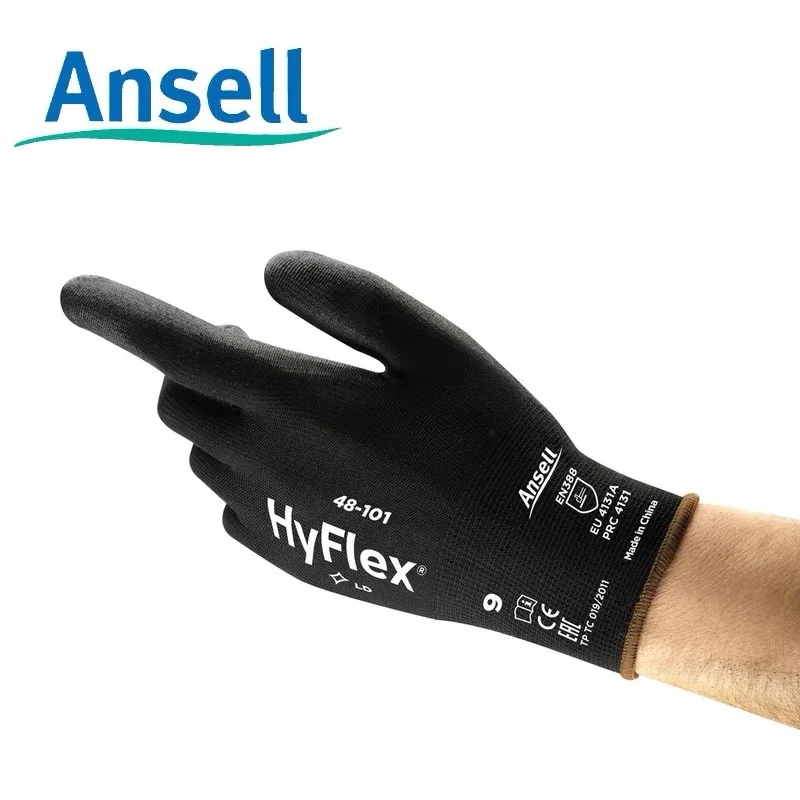 Work Gloves Protective Gloves Ansell HyFlex 48-101 (12 pairs） Sensilite&reg; nylon PU palm coating oil resistant and wear-resistant precise operation black gloves