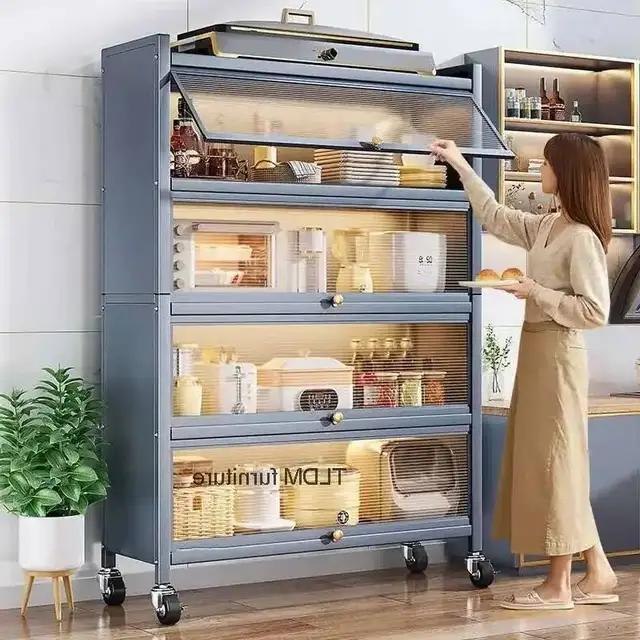 ตู้ครัวเหล็กคาร์บอนที่ทันสมัยหลายชั้นตู้เก็บของบ้านเตาอบไมโครเวฟอเนกประสงค์ชั้นวางของพร้อมประตูพลิก 2