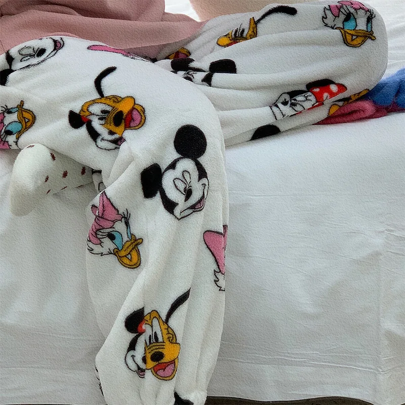 Anime Disney Pajama Pants Kawaii Mickey Mouse Plush Home Pants Cartoon Minnie Coral Velvet Warm Leisure Pajama autumn pants