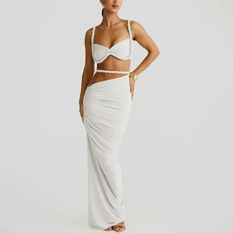 Women's Clothing Sexy Solid Color Backless Small Tank Top Hip Wrap Skirt 2 Piece Set Pleated Maxi Dress Party Suits