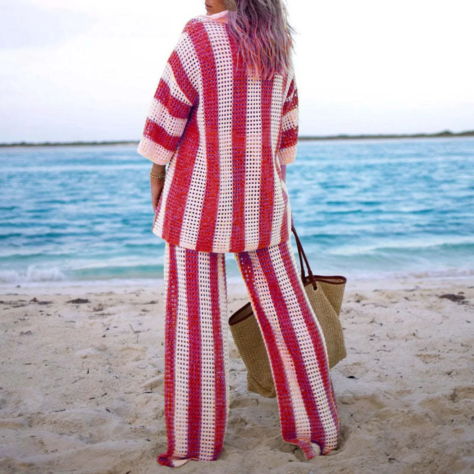 Customizable V-neck hollow striped shirt loose knit wide leg pants set WTZ410120 4