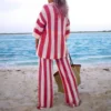 Customizable V-neck hollow striped shirt loose knit wide leg pants set WTZ410120 4