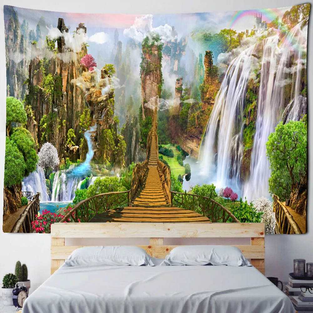 Tapiz de puente de un solo tablón de montaña para colgar en la pared, paisaje Natural de jardín de agua, sala de estar, Fondo de TV, decoración de pared