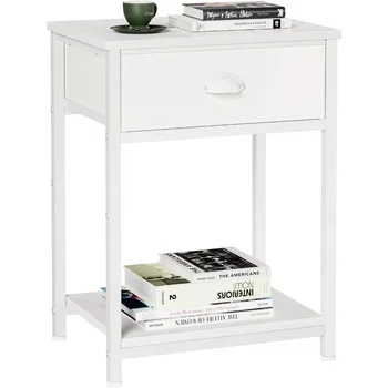 Fabric Drawer White Nightstand for Compact Spaces, Dual-Tier Storage Side Table, Bedroom Night Stand 1