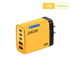 240W GaN Fast Charger with LED Light, 5 - in - 1 Multi - Port Charging Head - Yellow US Plug