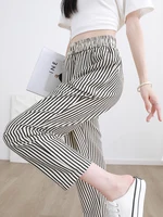 Women's Casual Vertical Striped Comfortable Breathable Elastic Waist Belted Daily Wear Casual Tapered Crop Pants With Pockets