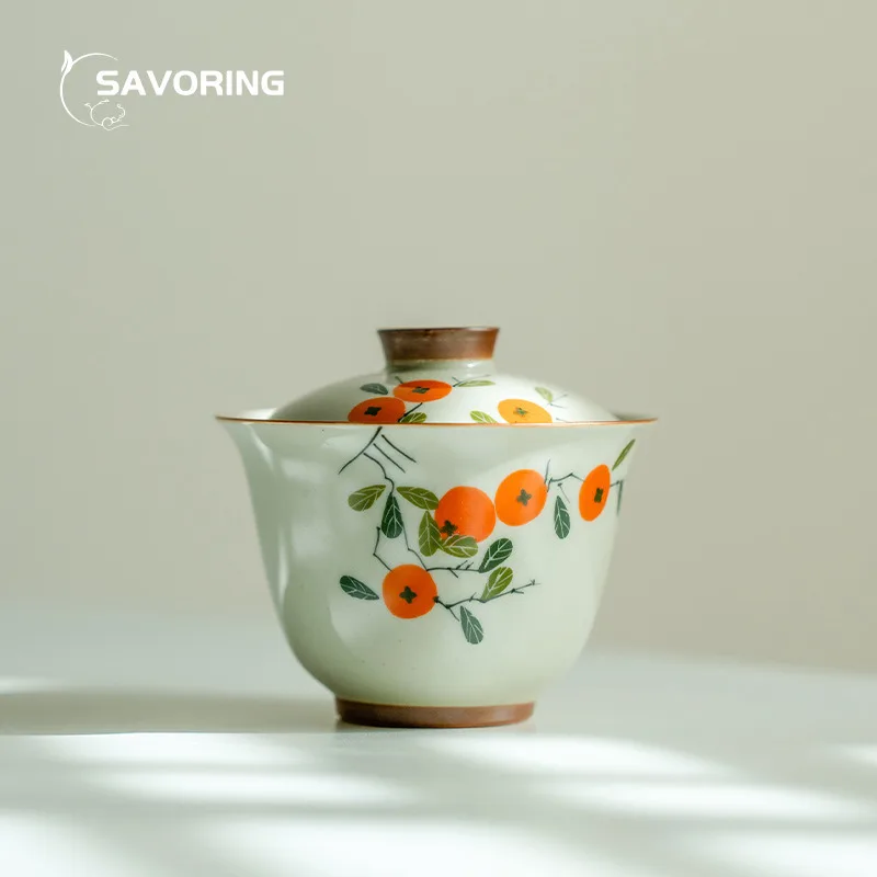 Hand Painted Persimmon Gaiwan 120ml Ceramic Tea Tureen Chinese Tea Cover Bowl Cup Gaiwan Set Maker Puer Bowls