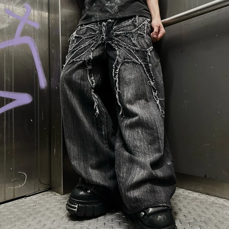 Y2K Phantom Jeans High Street Spider Embroidered Patch Hip Hop Streetwear Gothic Retro Oversized Baggy Fit Unisex Mopping Pants 4