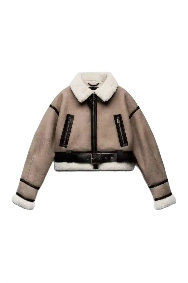 TRAF Women's New Lamb Fur Faux Fur Coat Y2K Flip Lapel Fleece Thickened Warm Short Jacket Winter Fashion Retro Women's Jacket 2
