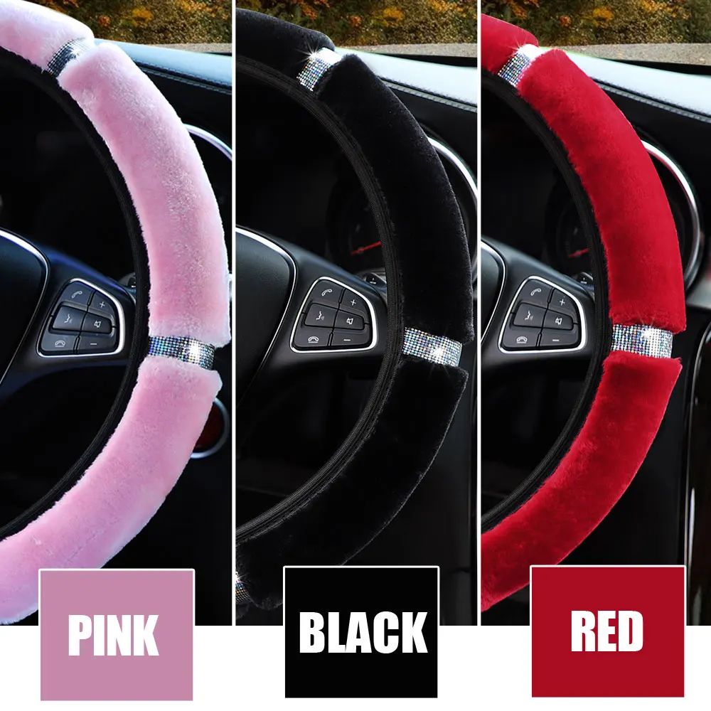 

1Pcs Universal 37-38cm Soft Plush Rhinestone Car Steering Wheel Cover Steering-Cover Car-styling Interior Accessories