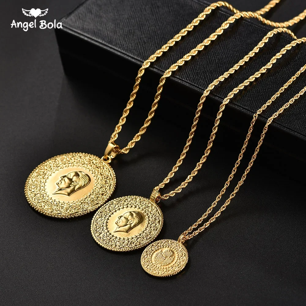 Three Size Muslim Islam Turkey Ataturk Pendant Allah Arab Necklaces for Women Gold Color Turkish Coins Jewelry Ethnic Gifts