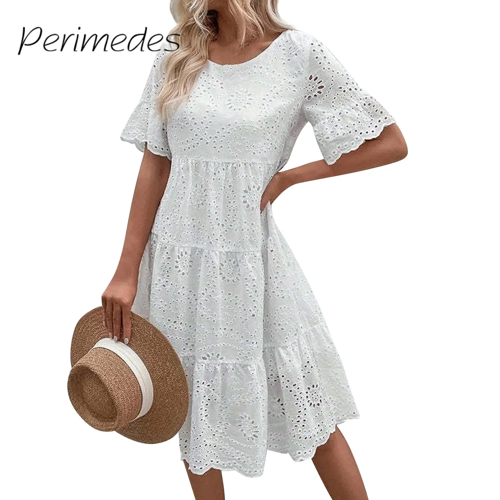 

Fashionable Dress For Ladies Embroidered Lace Multi-Layered Dress Graceful Stylish Cotton Solid Color Hollow Out Dress 2024