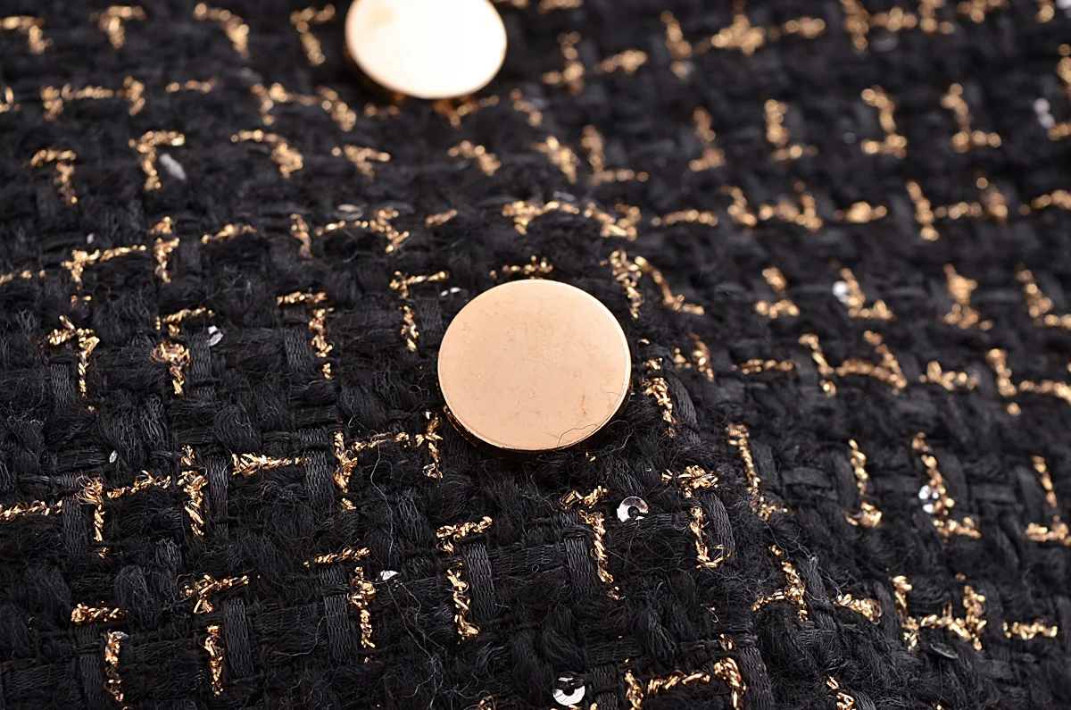 French Retro Women Black Weave Gold Line Tweed Blazer High Waist Center Buttons Back Zipper Mini Skirt Set Suits 2 pieces 1 set