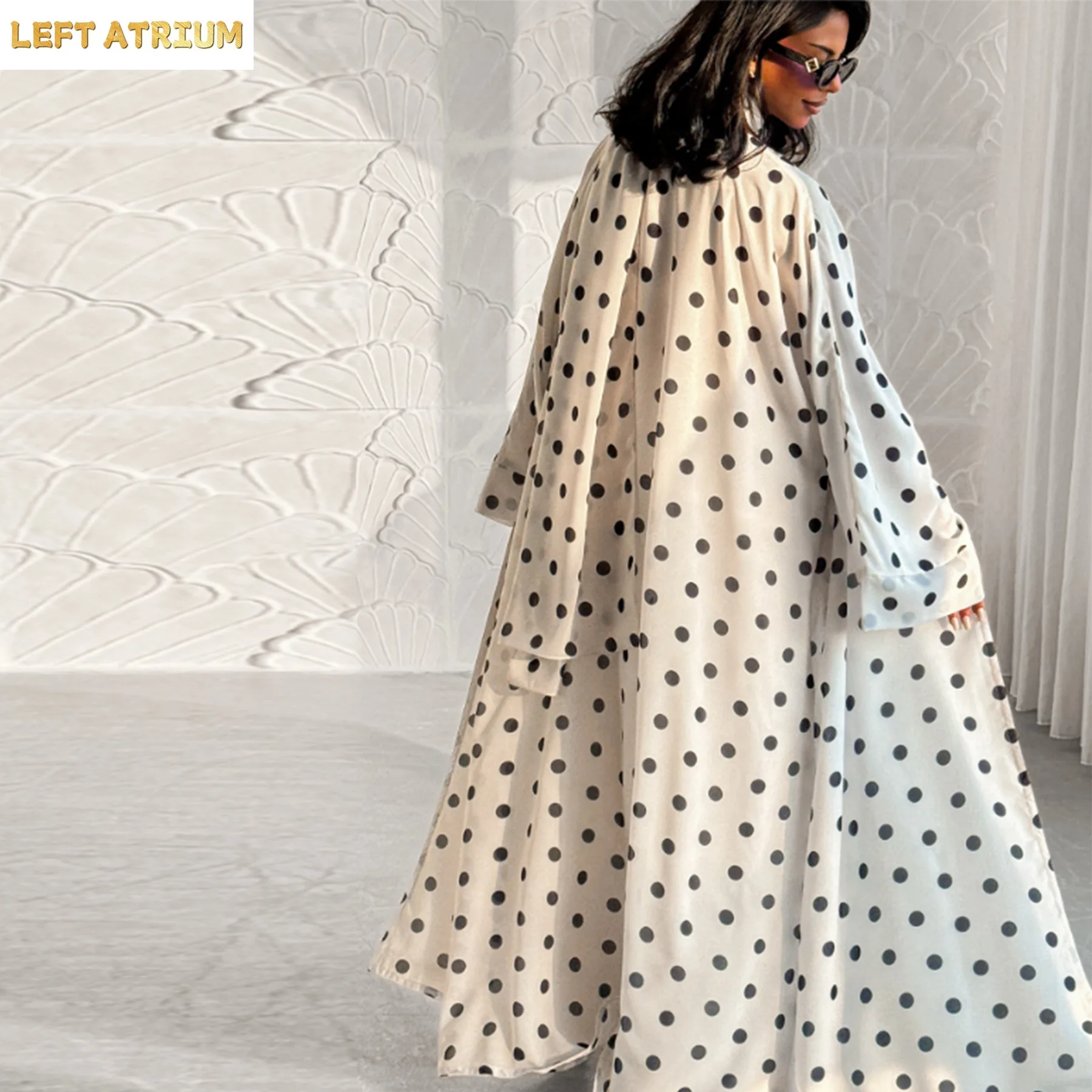 Dubai Polka Dot Kimono Cardigan Robe Headscarf Set Muslim Dress Women Islam Clothing Ramadan Eid Open Abaya Turkey Kaftan Abayas 1