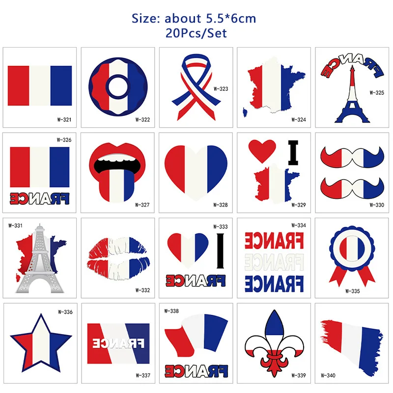 20Pcs/Set Temporary Tattoos France Flag Paris Torch Tattoo Stickers French Event Carnival Element Arm Facial Waterproof Stickers