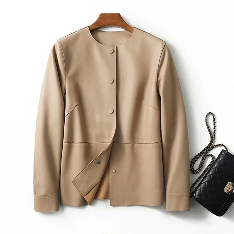 Womens Genuine Leather Jacket Spring Autumn Long Sleeve Elegant Soft Real Sheepskin Leather Coat Office Lady Solid Color Outwear