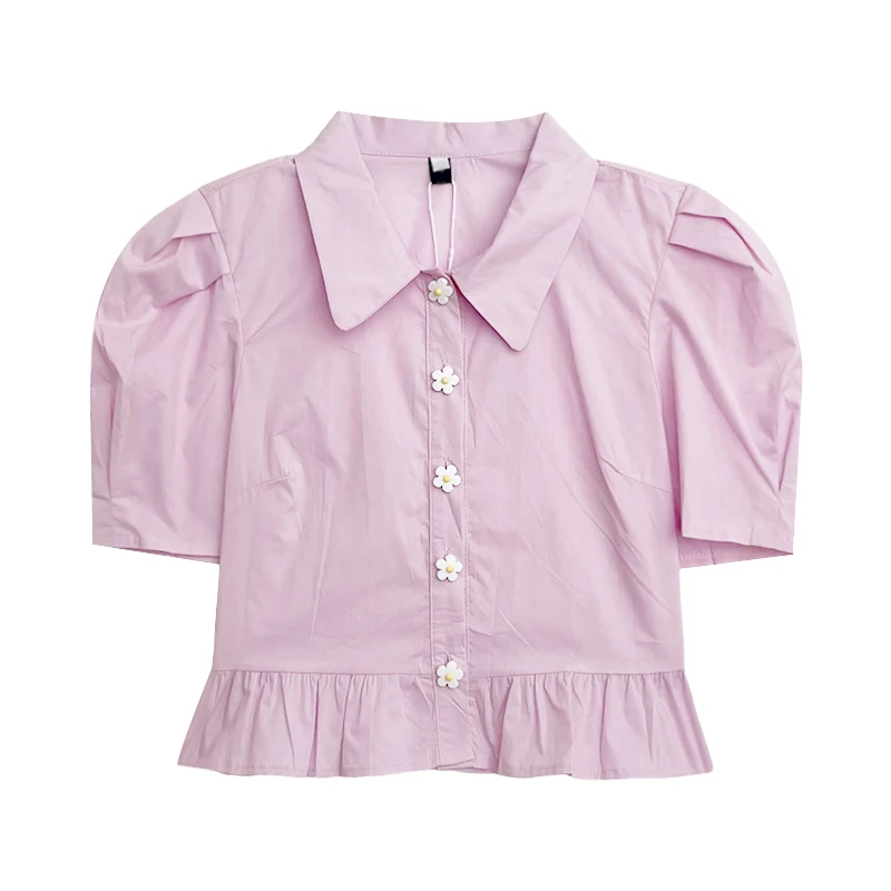 

Retro Sweet Pink Lapel Cute Flower Button Short Puff Sleeve Shirt
