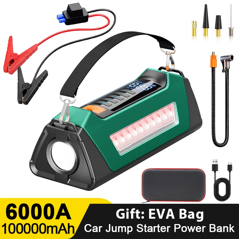 

4 In 1 6000A Car Jump Starter Power Bank 12V Pump Auto Emergency Starting Booster Battery Charger Tire Inflator Air Compressor