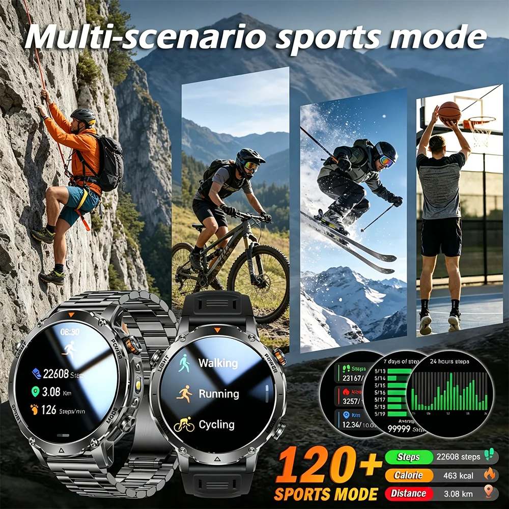 2026 Military 1400 Mah battery smartwatch, men's outdoor flashlight, IPX8 waterproof,100+sports,Bluetooth call, fitness band 4