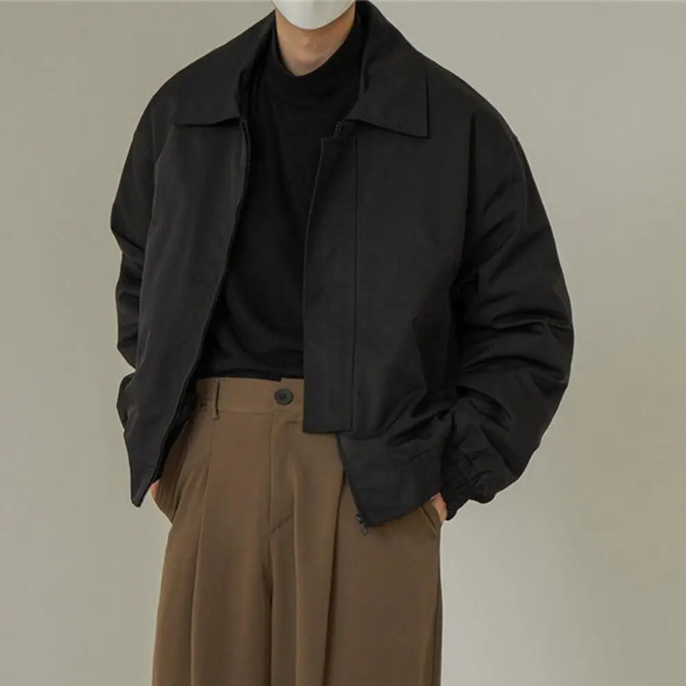 Men Jacket Lapel Collar Men Trench Coat All-match Men Jacket Solid Color Long Sleeves Casual Short Bomber Jacket Outwear 2