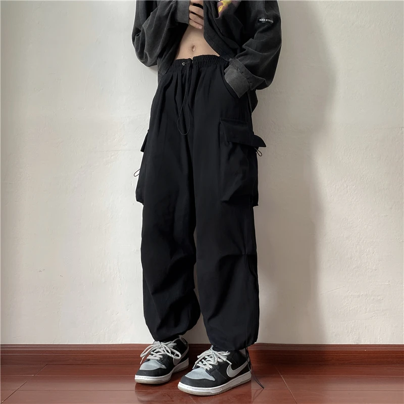 

Fashion Men Parachute Cargo Pants Wide Leg Straight Baggy Oversize Trousers Big Pocket Hip Hop Military Casual Bottoms Black