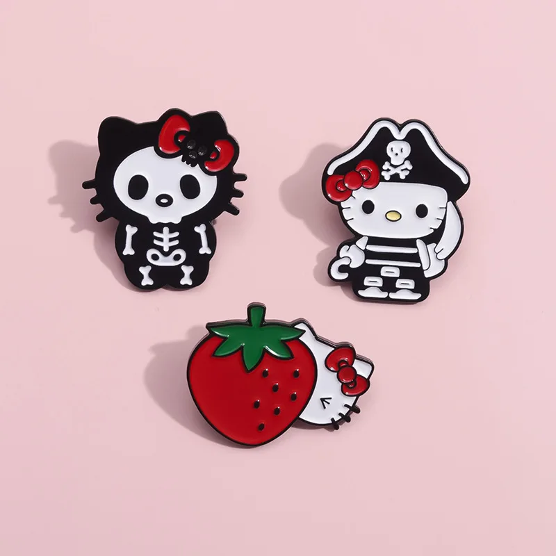 Creative Cartoon Halloween Skull Strawberry Cat Brooch Cute Kitten Girl Red Bow Badge Children Bags Clothing Pin Gift Wholesale