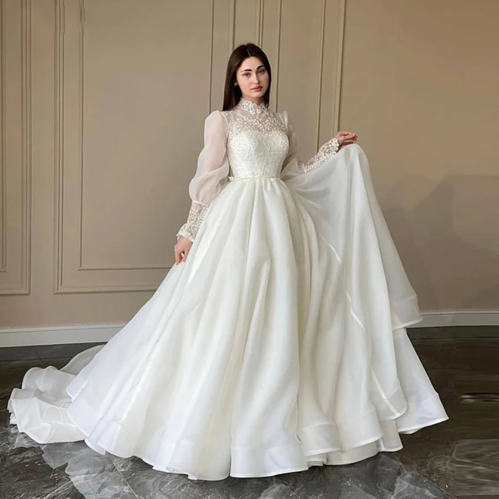 Elegant Collar A Line Dress Puff Long Sleeves High Neck Appliques Korea Wedding Bridal Gowns Robe De Mariage