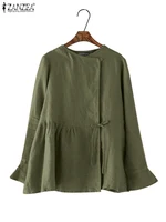 Women Casual Open-front Lace-up Shirts ZANZEA Long Sleeve O Neck Solid Cotton Blouses 2025 Spring Loose Tunic Tops with Pleats - Image 4