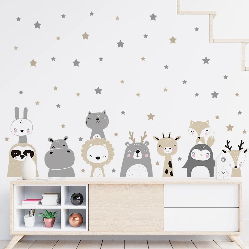 Cartoon Cute Lion Bunny Forest Animals Stars Wall Stickers Bear Deer Wall Decals for Kids Room Baby Nursery Room Bedroom Murals wall stickers